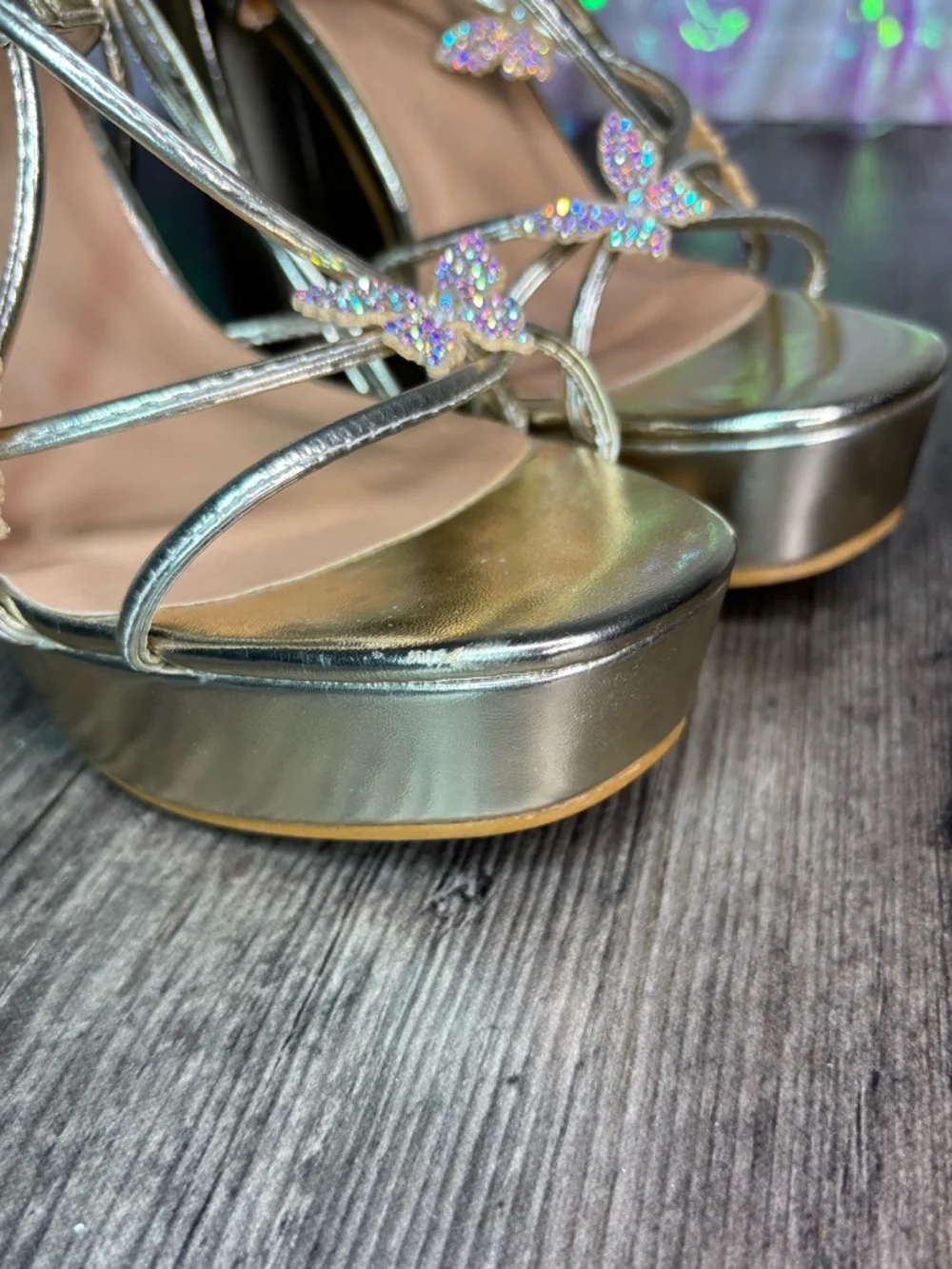 Iridescent Butterfly Gold Platform Lace-Up Heels Sz 6.5 Chunky Heel TOP Moda